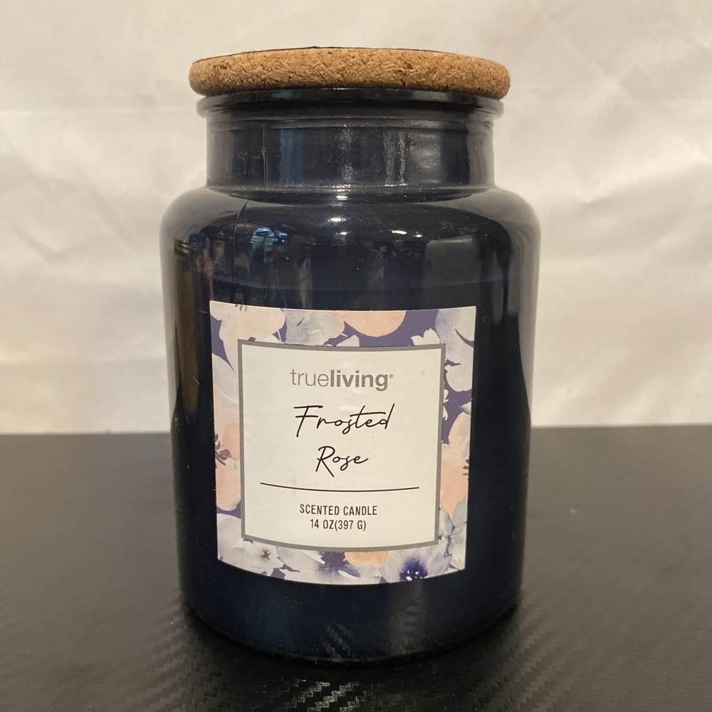 Trueliving Frosted Rose Scented Candle‎ 14 oz Blue Jar